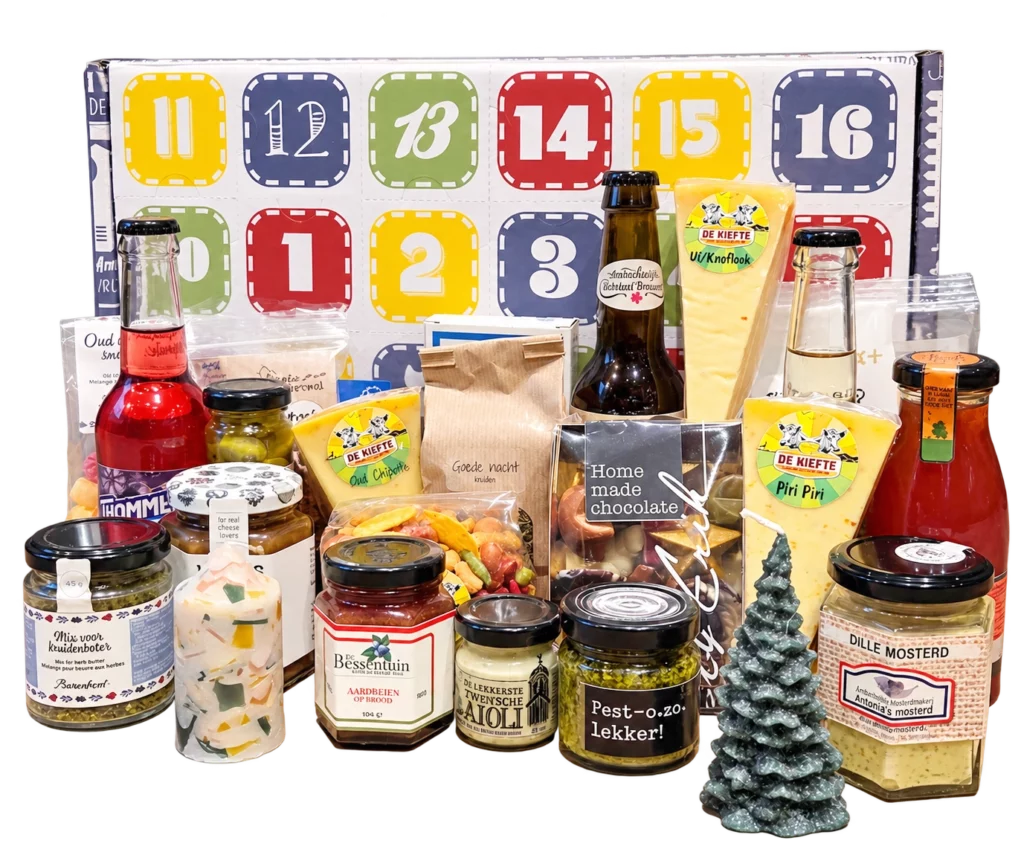 Adventkalender kerstpakket met lokale lekkernijen van De Kiefte Kaas